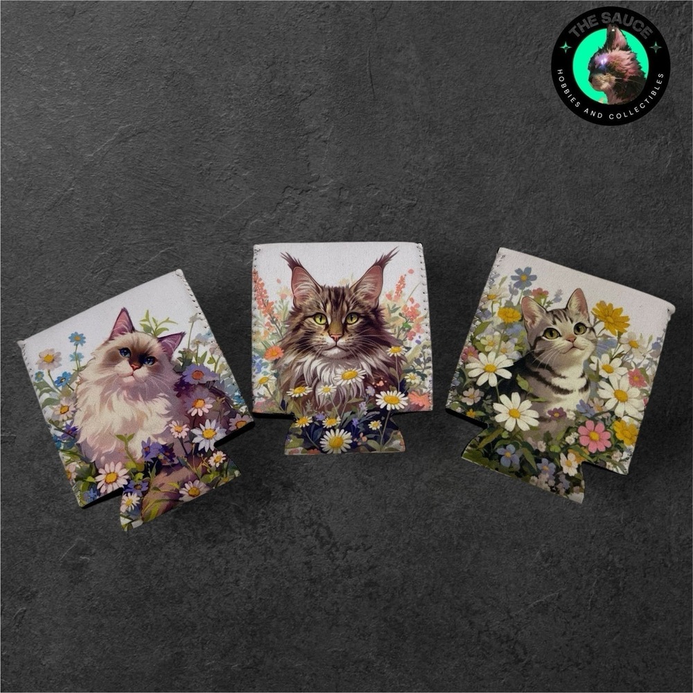 Cat Koozie Can Insulator Set 3pk OS Multicolor Floral‎ Maine Coon Ragdoll Hippie